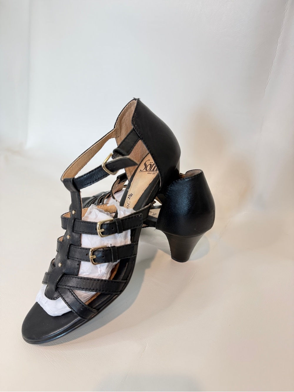 Sofft Black Strappy Mid-Heel Sandal with Buckle Accents